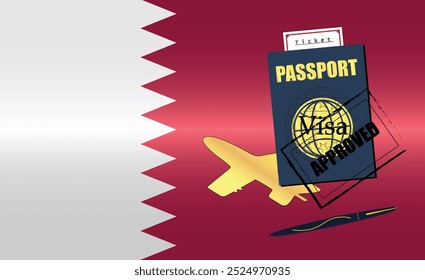 Qatari Travel Documentation Concept with blue Passport and Qatar Flag. Approved Stamp. Airplane and Traveling Tickets. Ideal for Immigration Tourism and Traveling Themes. Vector EPS available