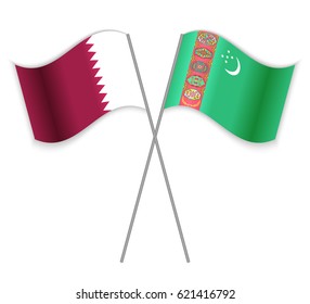 Qatari and Turkmen crossed flags. Qatar combined with Turkmenistan isolated on white. Language learning, international business or travel concept.