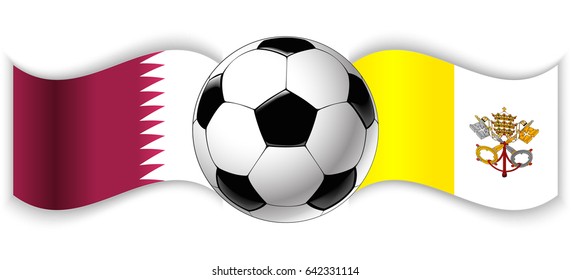 Qatari and Vatican City State wavy flags with football ball. Qatar combined with Vatican isolated on white. Football match or international sport competition concept.