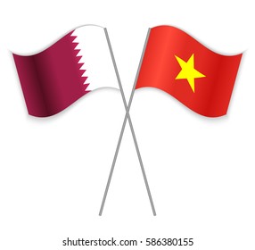 Qatari and Vietnamese crossed flags. Qatar combined with Vietnam isolated on white. Language learning, international business or travel concept.
