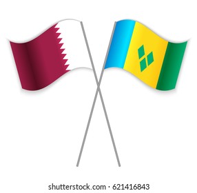 Qatari and Vincentian crossed flags. Qatar combined with Saint Vincent and the Grenadines isolated on white. Language learning, international business or travel concept.