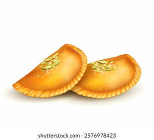 Qatayef (pie with nuts) isolated on white. Traditional oriental dessert. Vector illustration.