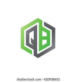 QB initial letters looping linked hexagon logo black gray green