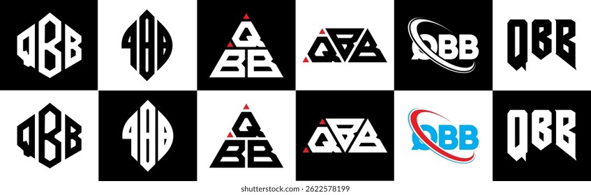 QBB letter logo design in six style. QBB polygon, circle, triangle, hexagon, flat and simple style with black and white color variation letter logo set in one artboard. QBB minimalist and classic logo
