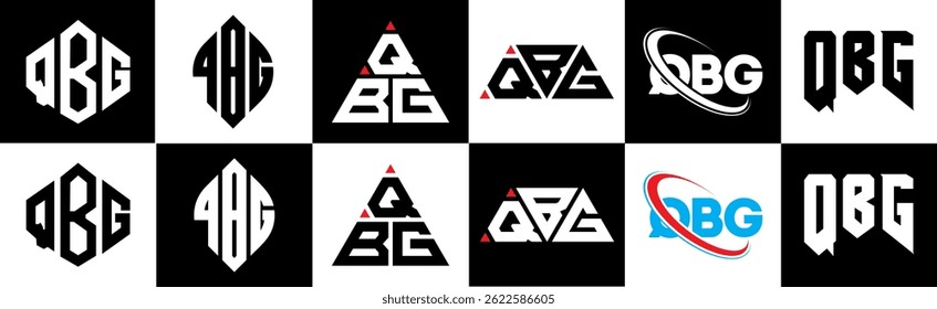 QBG letter logo design in six style. QBG polygon, circle, triangle, hexagon, flat and simple style with black and white color variation letter logo set in one artboard. QBG minimalist and classic logo