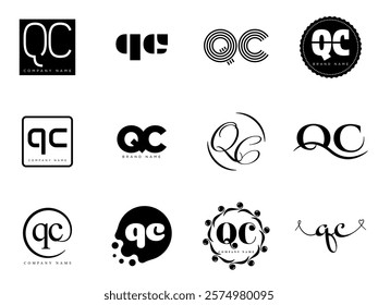 QC logo company template. Letter q and c logotype. Set different classic serif lettering and modern bold text with design elements. Initial font typography. Collection trendy business identity.