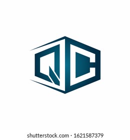 QC monogram logo with hexagon shape and negative space style ribbon design template