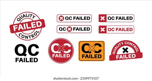 QC Pasado y Fallo, Control de calidad Aprobado y rechazado, logotipo, emblema, símbolo, sello, placa, icono, etiqueta, vector plano, ilustración aislada, último diseño. blanco, negro, marrón, rojo, azul, amarillo.