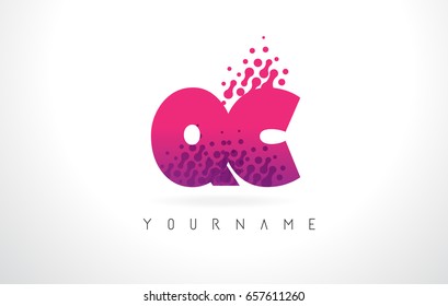 QC Q C Letter Logo with Pink Letters and Purple Color Particles Dots Design.