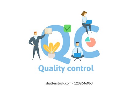 QC, Quality Control. Concept with keywords, letters and icons. Colored flat vector illustration. Isolated on white background.