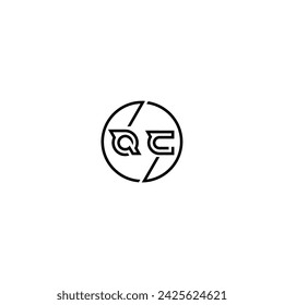 Logo de concepto de contorno simple de QC y círculo de diseño inicial de fondo blanco y negro