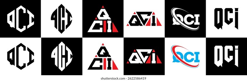 Projeto do logotipo da letra QCI em estilo seis. Polígono QCI, círculo, triângulo, hexágono, estilo simples e plano com logotipo de letra de variação de cor preta e branca definido em uma prancheta. Logotipo minimalista e clássico de QCI