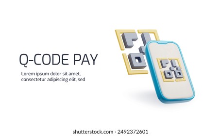 Ilustración vectorial de pago de Q-Code. Icono 3D de un teléfono móvil con un código QR en la pantalla, acompañado de Elementos de código QR flotantes en estilo plástico.