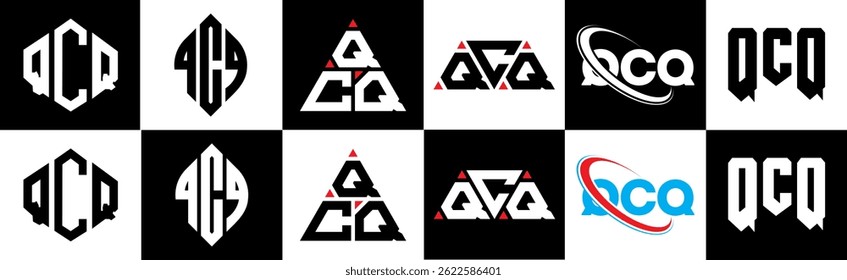 QCQ letter logo design in six style. QCQ polygon, circle, triangle, hexagon, flat and simple style with black and white color variation letter logo set in one artboard. QCQ minimalist and classic logo