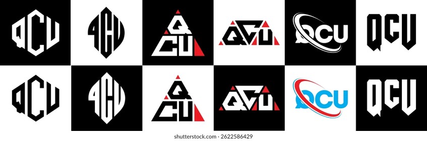 QCU letter logo design in six style. QCU polygon, circle, triangle, hexagon, flat and simple style with black and white color variation letter logo set in one artboard. QCU minimalist and classic logo