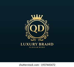 QD Initial Letter, Gold text with feminine floral hand drawn heraldic monogram, Antique vintage style luxury logo design.