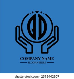 QD initials held within hands, symbolizing trust and protection. The circle represents unity, while stars highlight excellence and ambition.