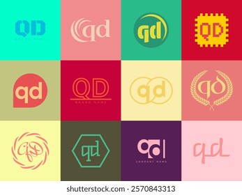 QD logo company template. Letter q and d logotype. Set different classic serif lettering and modern bold text with design elements. Initial font typography. Collection trendy business identity.