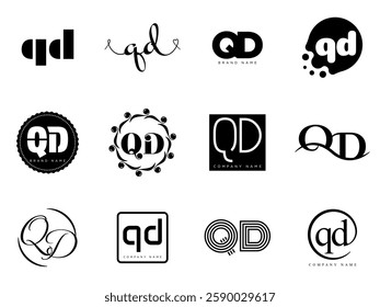 QD logo company template. Letter q and d logotype. Set different classic serif lettering and modern bold text with design elements. Initial font typography. Collection trendy business identity.