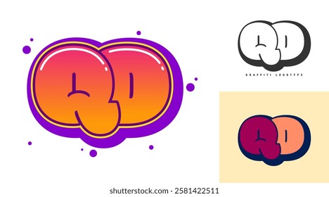 QD logo design for festival or party. Initial letter q and d in graffiti style. Creative modern lettering company name of font typography. Kids trendy logotype or identity. Vector illustration.