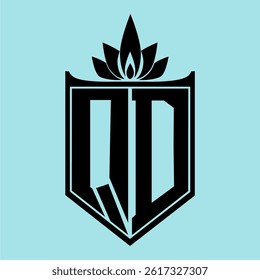 QD Logo featuring a minimalist design with a crown-like flower symbol on top, bold black elements, and a soft blue background, perfect for branding and modern visual identity.