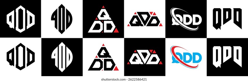 QDD letter logo design in six style. QDD polygon, circle, triangle, hexagon, flat and simple style with black and white color variation letter logo set in one artboard. QDD minimalist and classic logo