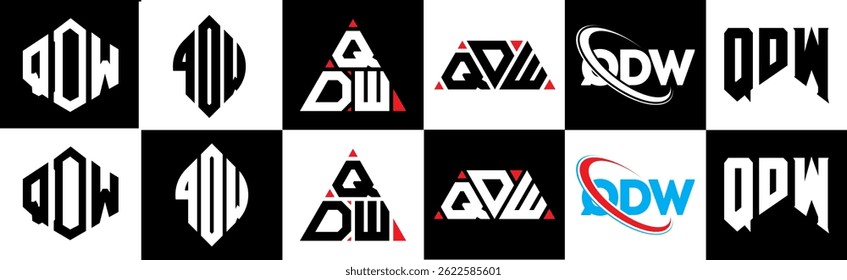 Diseño del logotipo de la letra de QDW en seis estilos. QDW polígono, círculo, triángulo, hexágono, estilo plano y simple con logo de letra de variación de color blanco y negro en una mesa de trabajo. Logotipo minimalista y clásico de QDW