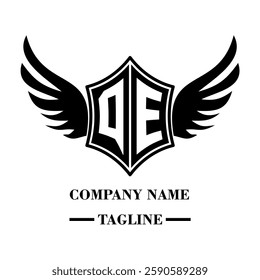 QE bold shield logo with wings, customizable with letters A to Z. Perfect for brands seeking a powerful symbol of strength, freedom, and ambition