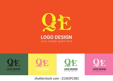 QE letters eco logo with leaf. Vector typeface for nature posters, eco friendly emblem, vegan identity, herbal and botanical cards etc. Ecology QE letters logo with leaf.