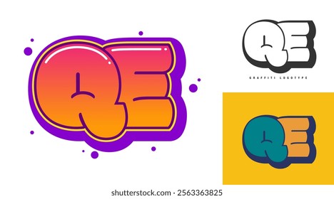 QE logo design for festival or party. Initial letter q and e in graffiti style. Creative modern lettering company name of font typography. Kids trendy logotype or identity. Vector illustration.