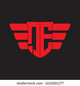 QE Logo monogram with emblem and wings element design template on red colors