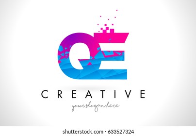 QE Q E Letter Logo with Broken Shattered Blue Pink Triangles Texture Design Vector Illustration.