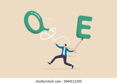 QE tapering FED, federal reserve stop or reduce Quantitative Easing policy when economic recovered with stock market impact concept, panic businessman run to catch deflate balloon with alphabet QE.