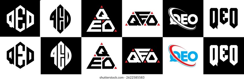 QEO letter logo design in six style. QEO polygon, circle, triangle, hexagon, flat and simple style with black and white color variation letter logo set in one artboard. QEO minimalist and classic logo