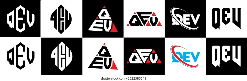 QEV letter logo design in six style. QEV polygon, circle, triangle, hexagon, flat and simple style with black and white color variation letter logo set in one artboard. QEV minimalist and classic logo