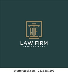 Logo de monograma inicial QF para la firma de abogados con diseño de hitos en cuadrado creativo