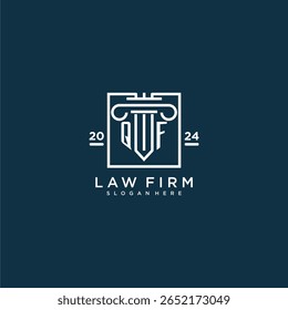 Logotipo inicial del monograma de QF para el bufete de abogados con el diseño del pilar en cuadrado creativo