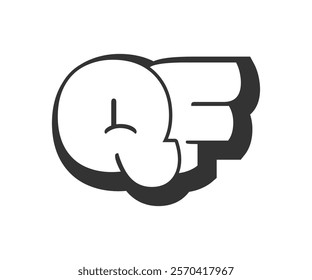 QF logo, bubble comic lettering, rounded in graffiti style black and white silhouette. Trendy preschool Q and F letter text for festival party, personal initials, children funky print and web