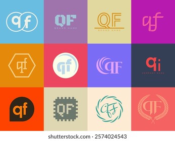 QF logo company template. Letter q and f logotype. Set different classic serif lettering and modern bold text with design elements. Initial font typography. Collection trendy business identity.