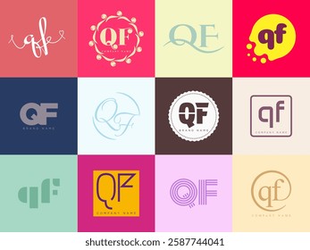 QF logo company template. Letter q and f logotype. Set different classic serif lettering and modern bold text with design elements. Initial font typography. Collection trendy business identity.