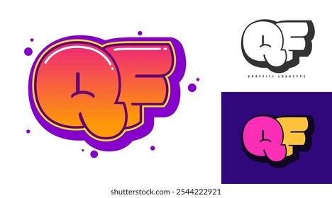 QF logo design for festival or party. Initial letter q and f in graffiti style. Creative modern lettering company name of font typography. Kids trendy logotype or identity. Vector illustration.