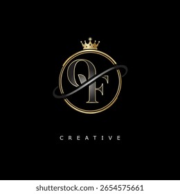 QF Luxury monogram logo design with golden crown on black background