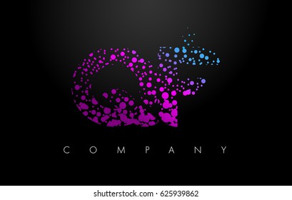 QF Q F Letter Logo with Purple Blue Particles and Bubble Dots Design Vector.
