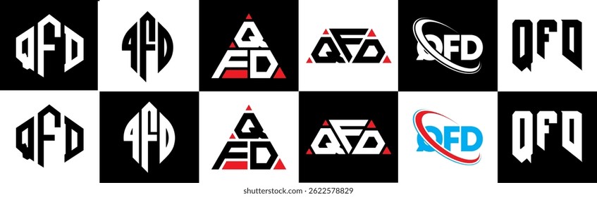 QFD letter logo design in six style. QFD polygon, circle, triangle, hexagon, flat and simple style with black and white color variation letter logo set in one artboard. QFD minimalist and classic logo