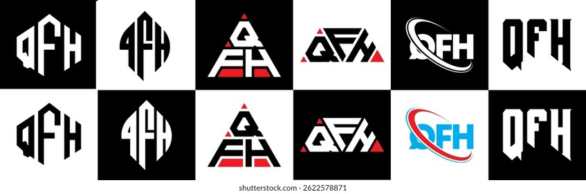 QFH letter logo design in six style. QFH polygon, circle, triangle, hexagon, flat and simple style with black and white color variation letter logo set in one artboard. QFH minimalist and classic logo