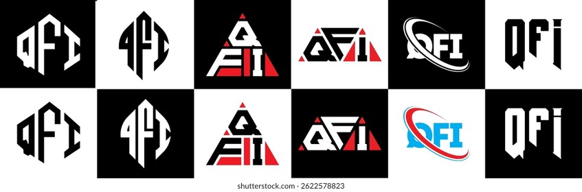 QFI letter logo design in six style. QFI polygon, circle, triangle, hexagon, flat and simple style with black and white color variation letter logo set in one artboard. QFI minimalist and classic logo