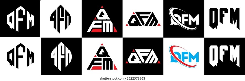 QFM letter logo design in six style. QFM polygon, circle, triangle, hexagon, flat and simple style with black and white color variation letter logo set in one artboard. QFM minimalist and classic logo