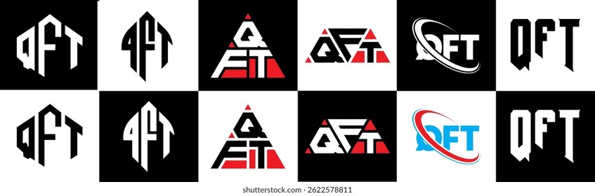 QFT letter logo design in six style. QFT polygon, circle, triangle, hexagon, flat and simple style with black and white color variation letter logo set in one artboard. QFT minimalist and classic logo