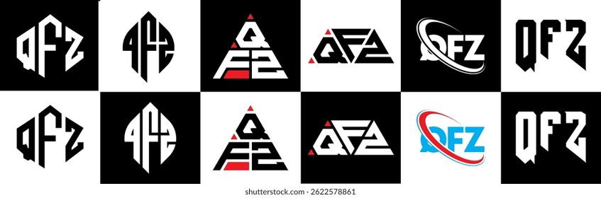 QFZ letter logo design in six style. QFZ polygon, circle, triangle, hexagon, flat and simple style with black and white color variation letter logo set in one artboard. QFZ minimalist and classic logo