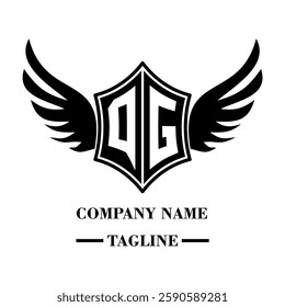 QG bold shield logo with wings, customizable with letters A to Z. Perfect for brands seeking a powerful symbol of strength, freedom, and ambition